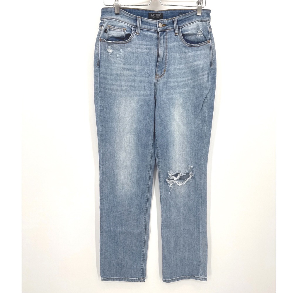 Judy Blue Women Jeans 11/30 Light Wash Distressed Straight Leg High Rise